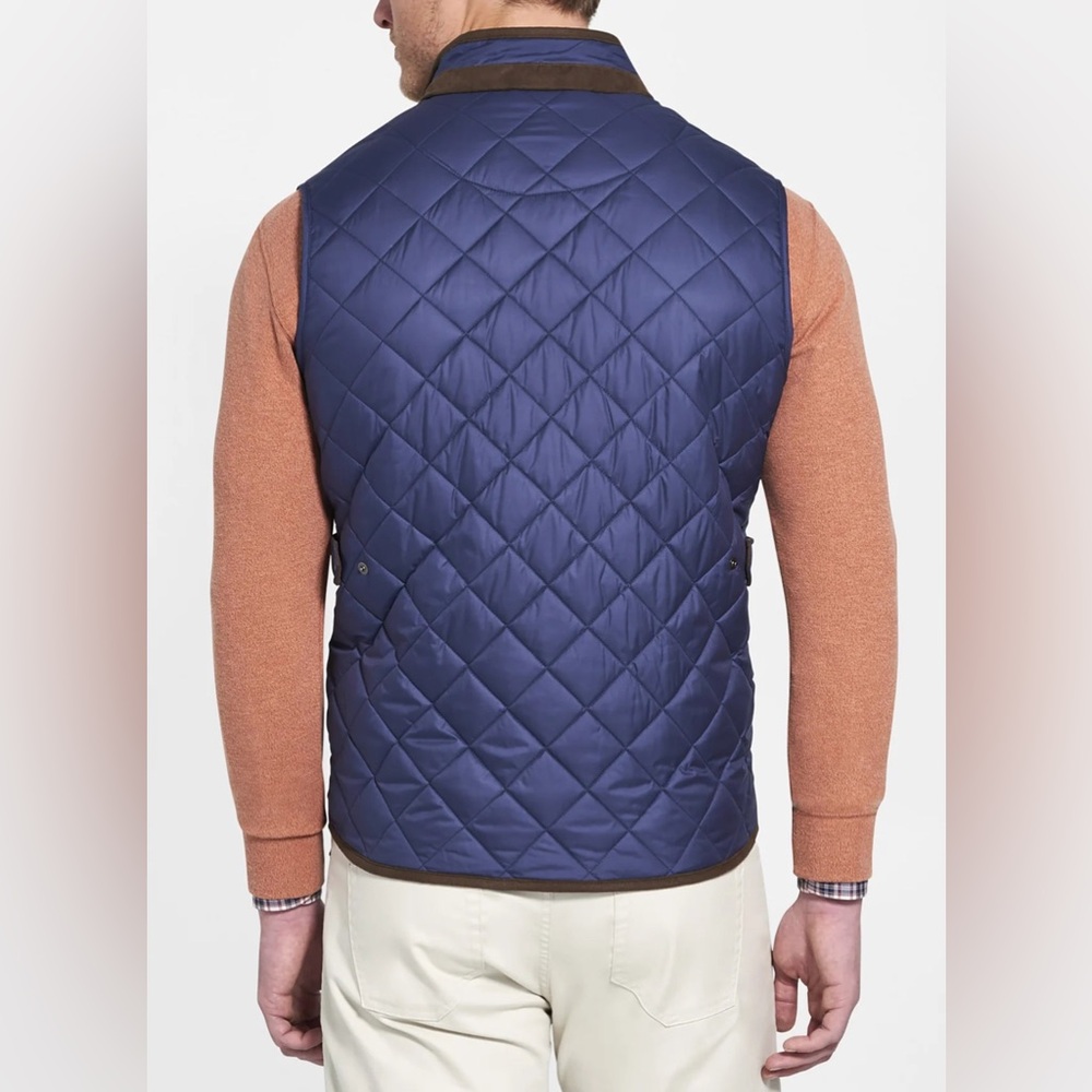 Peter Millar Vest Classic Essex Quilted Traveler Navy Blue and Brown Trim Men’s - Picture 5 of 16